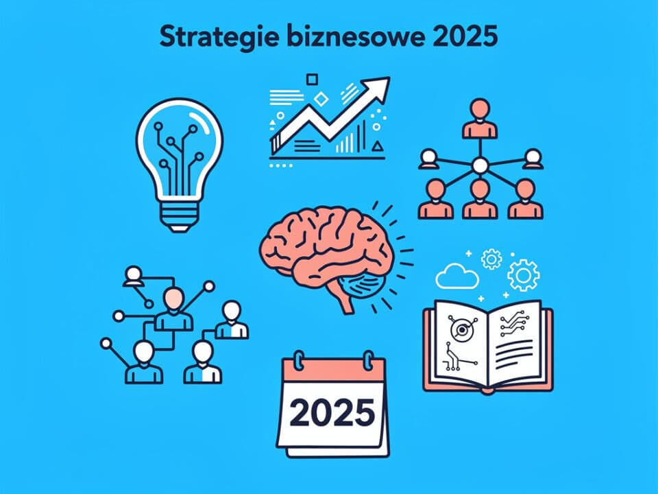 Strategia biznesowa 2025 z ikonami rozwoju i innowacji.