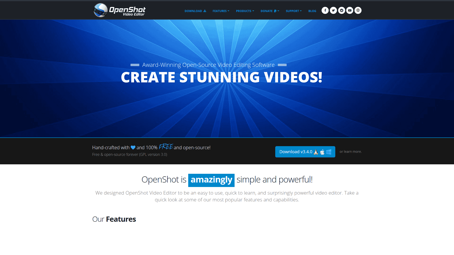 Kreatywne wideo z niebieskim tłem i napisem "Create Stunning Videos".