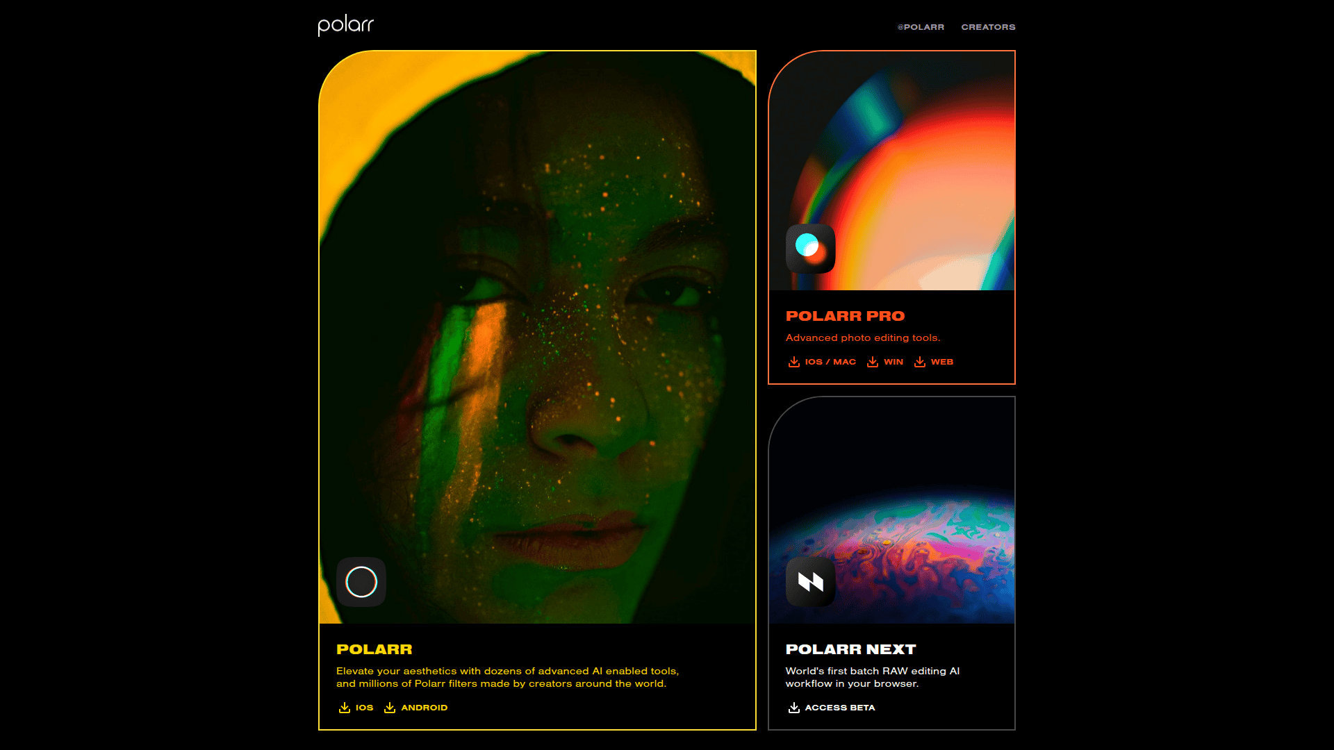 Polarr Pro i Polarr Next na tle ekranów z efektami świetlnymi i kolorowymi filtrami.