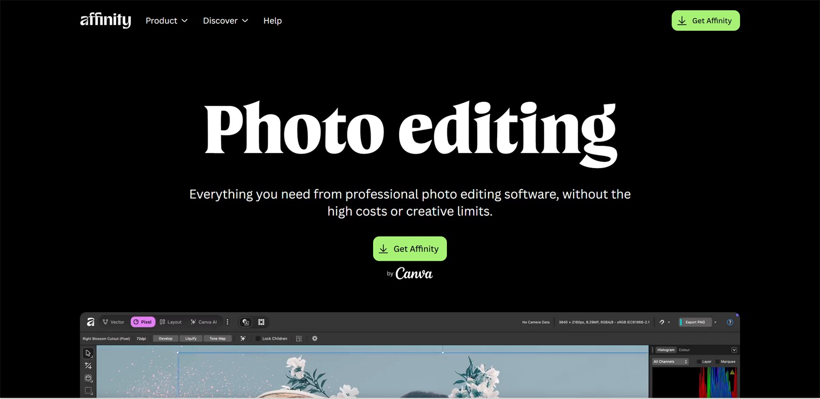 Sekcja hero strony Affinity Photo – Photo editing (2026)