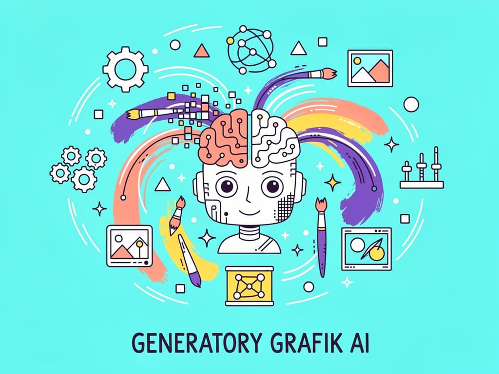 Generatory grafiki AI, robot z kreatywnymi narzędziami, nowoczesna technologia.