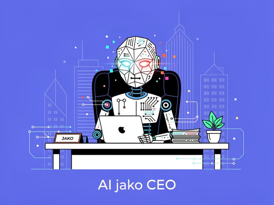 AI jako CEO, robot na biurku z laptopem i rośliną, nowoczesna technologia, cyfrowa przyszłość.