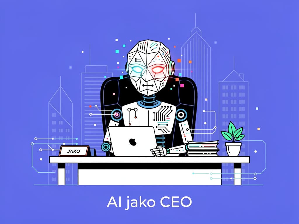 AI jako CEO, robot na biurku z laptopem i rośliną, nowoczesna technologia, cyfrowa przyszłość.