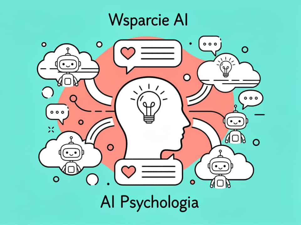 AI psychologia i wsparcie AI, ilustracja z robotami i mózgiem, symbolizująca technologię i psycholog.