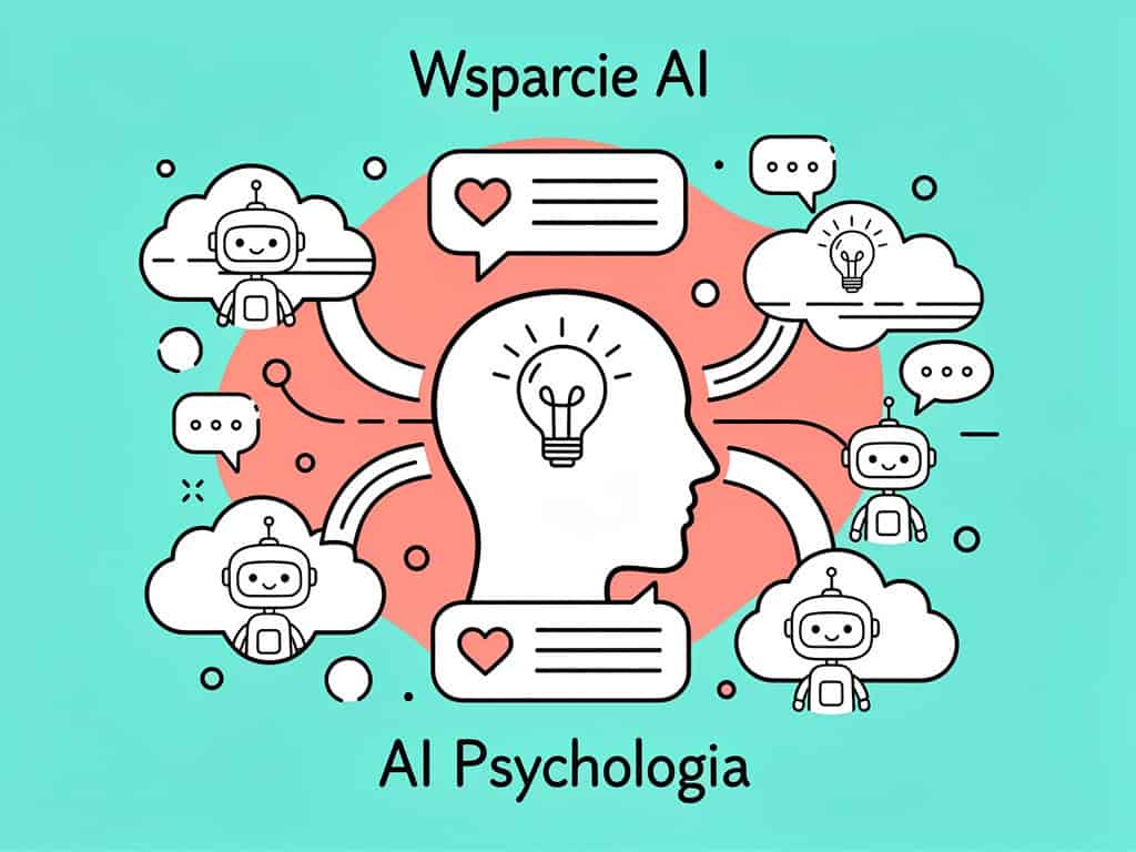 AI psychologia i wsparcie AI, ilustracja z robotami i mózgiem, symbolizująca technologię i psycholog.
