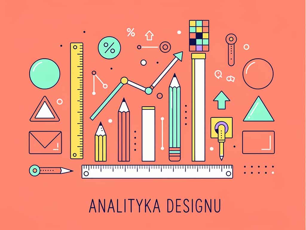 Wizualizacja analityki designu z narzędziami pomiarowymi i wykresami na różowym tle.