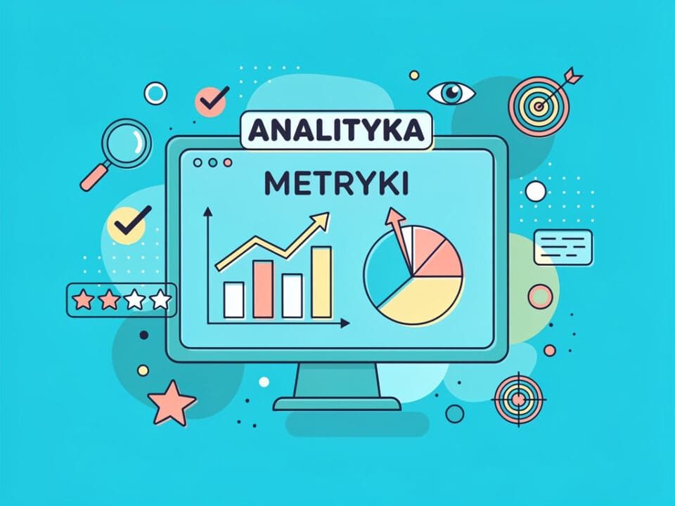 Analiza danych i metryki na komputerze z wykresami i ikonami statystyk.