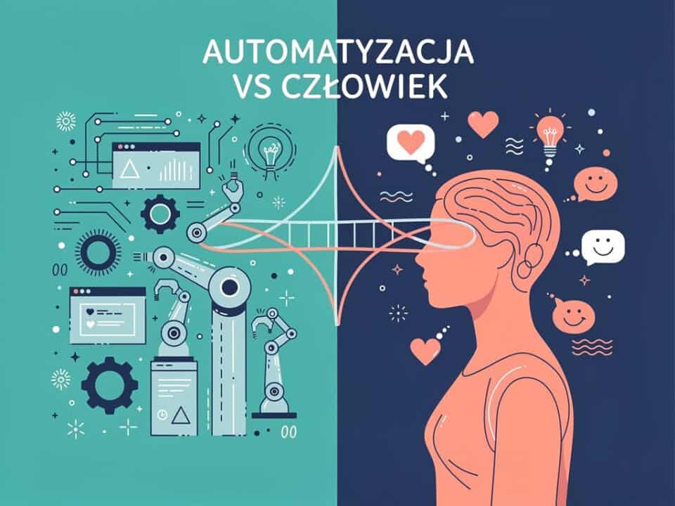 Sztuczna inteligencja i człowiek, automatyzacja i emocje, technologia i ludzka intuicja.