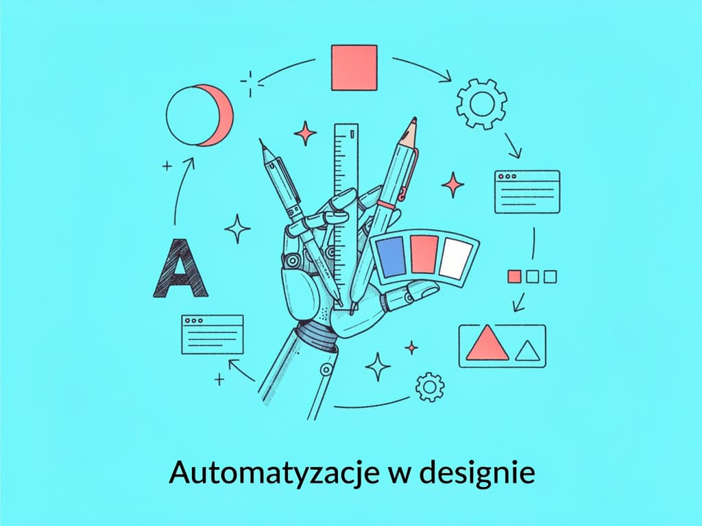 Automatyzacja w designie: ręka z narzędziami i schematami na tle niebieskim.