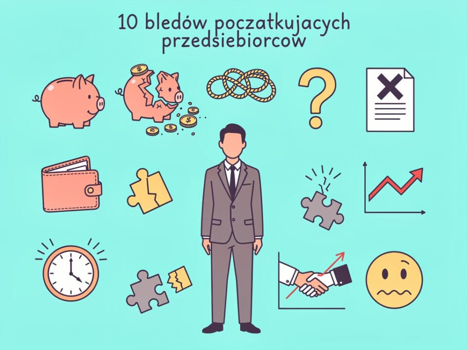 Ilustracja przedstawia przedsiębiorcę z różnymi symbolami biznesowymi i finansowymi.