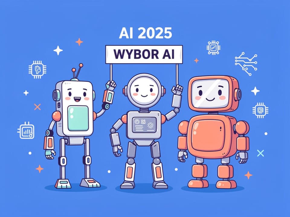 Trzy roboty z napisem 'Wybór AI' na tle niebieskiego nieba.