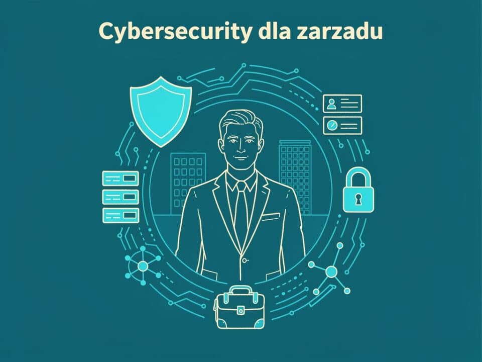 Cyberbezpieczeństwo dla zarządu, ilustracja z symbolem ochrony i technologiami.