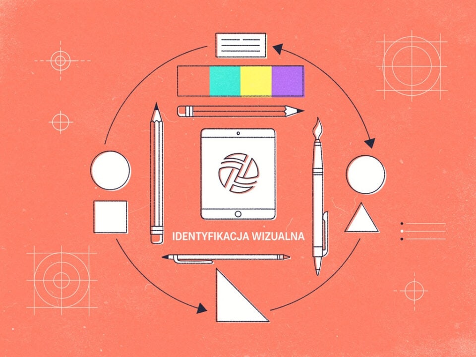 Kreatywna identyfikacja wizualna z narzędziami graficznymi i kolorami.