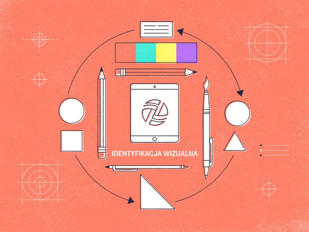 Kreatywna identyfikacja wizualna z narzędziami graficznymi i kolorami.