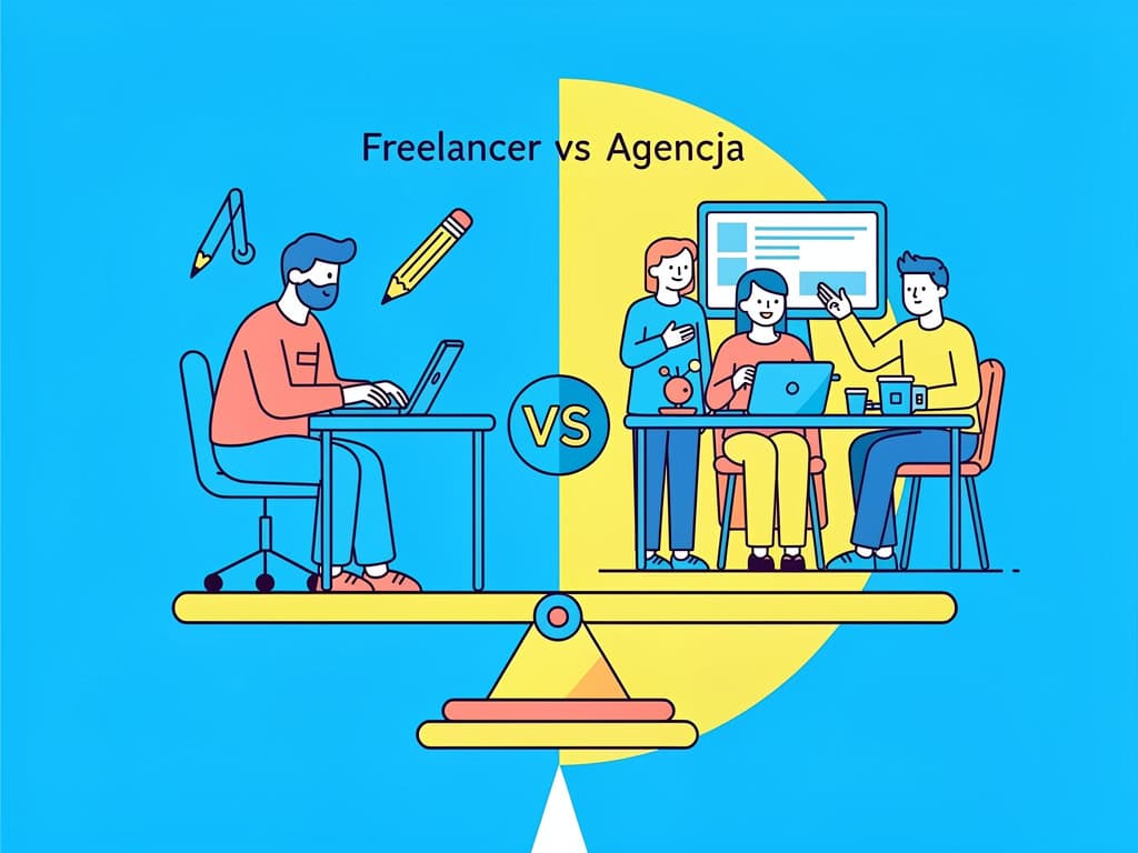 Praca freelancera i zespołu w biurze, ilustracja porównania.