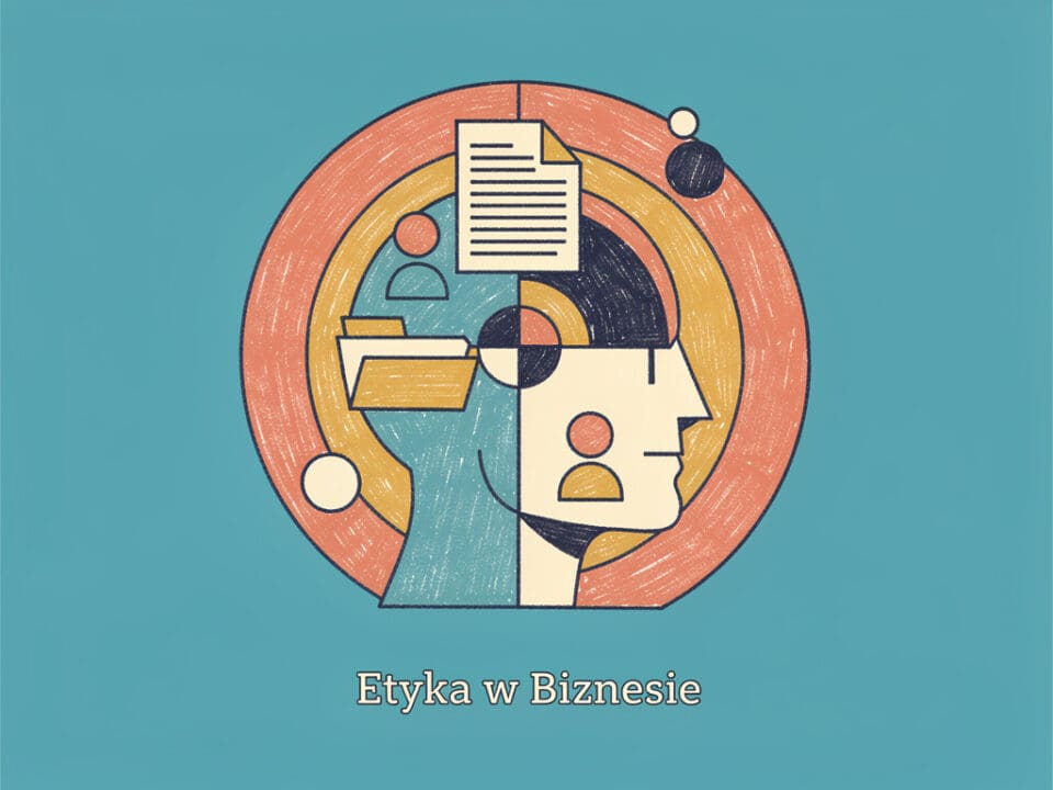 Ilustracja przedstawiająca etykę w biznesie z symbolem mózgu i dokumentów.