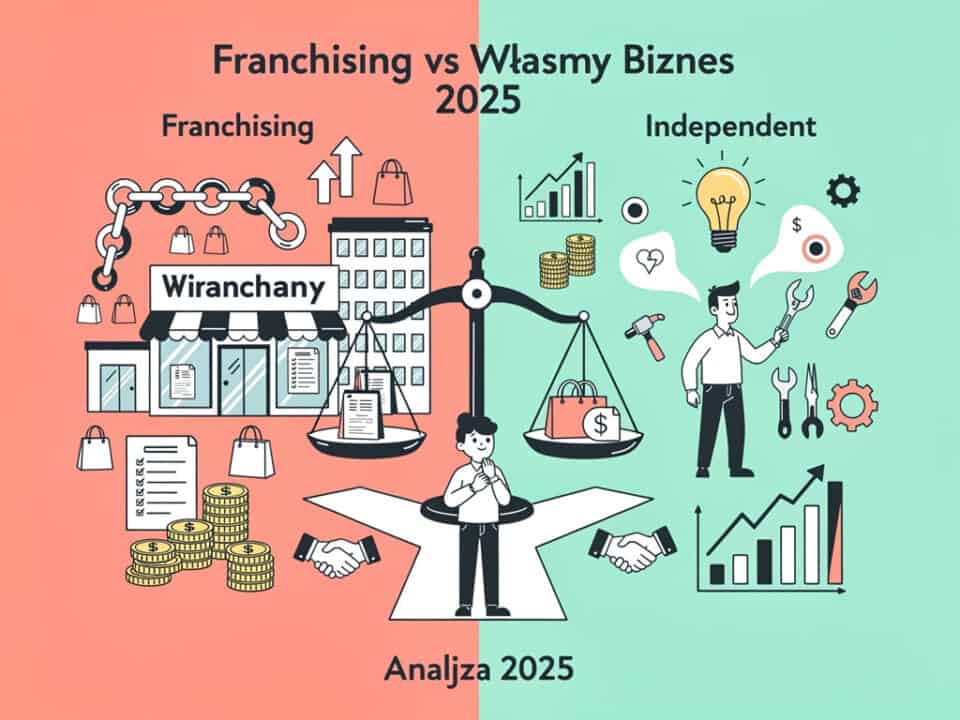 Porównanie franchisingu i niezależnego biznesu w 2025 roku na infografice.