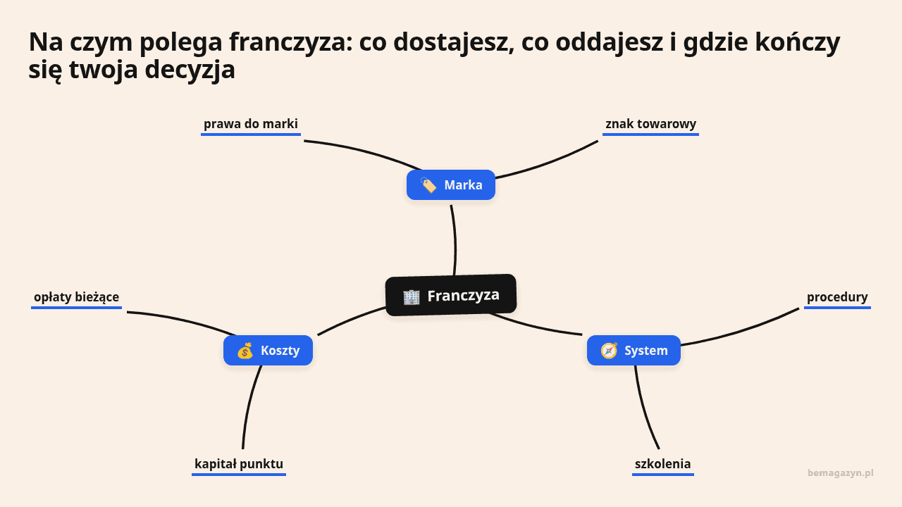Ilustracja przedstawiająca franczyzę, jej elementy i decyzje związane z modelem biznesowym.
