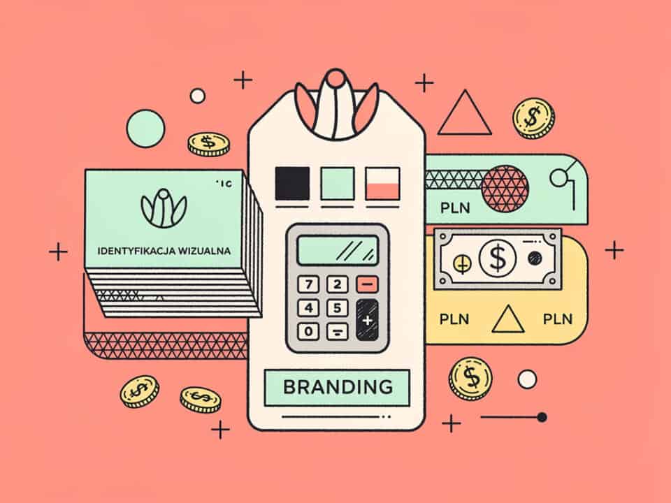 Kreatywne logo branding i wizualizacja marki z kalkulatorem i symbolami finansowymi.