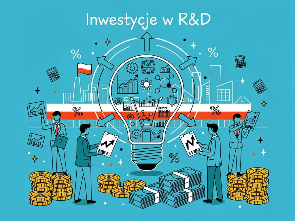 Inwestycje w R&D, innowacje technologiczne, rozwój przedsiębiorstw, diagram z lampa i wykresami.
