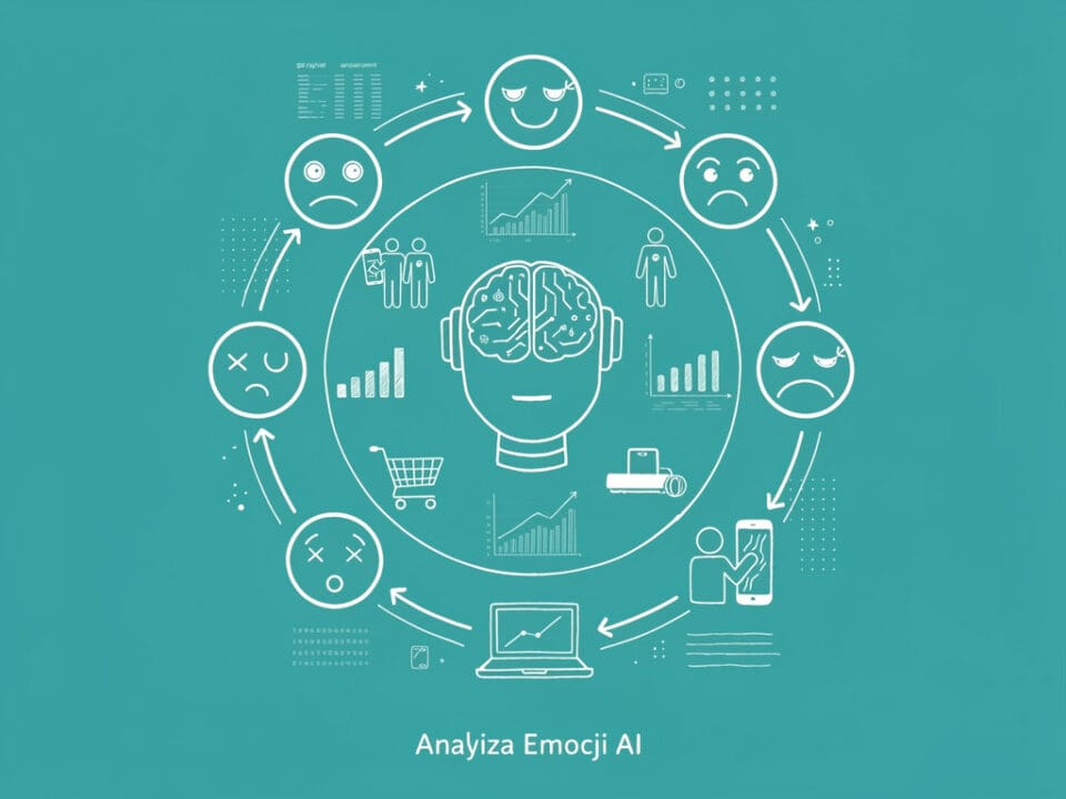 Analiza emocji AI, wykresy i ikony emocji na tle niebieskim.