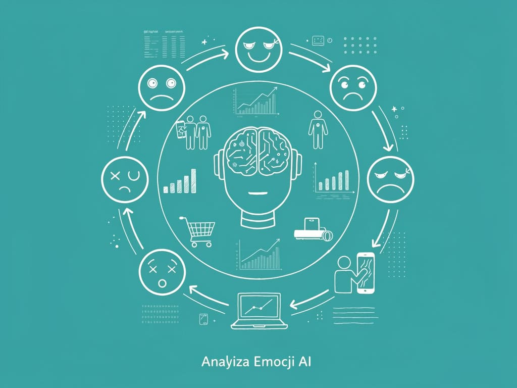 Analiza emocji AI, wykresy i ikony emocji na tle niebieskim.