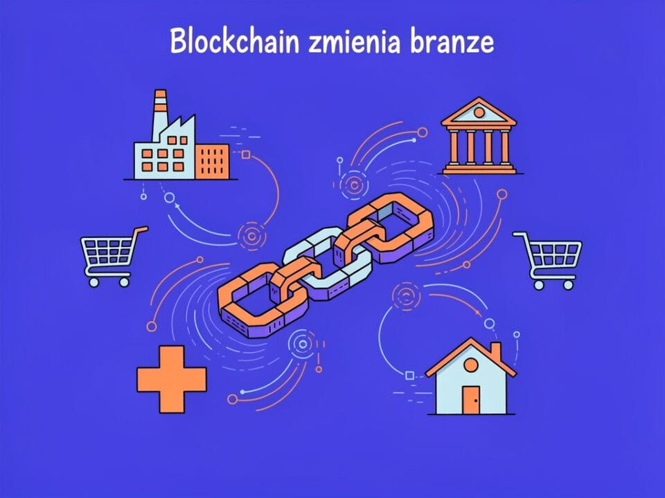 Blockchain zmienia branżę, ilustracja technologii i cyfrowej transformacji.