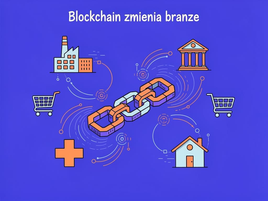 Blockchain zmienia branżę, ilustracja technologii i cyfrowej transformacji.