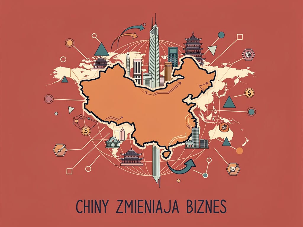 Chiny zmieniają biznes z nowoczesną mapą i ikonami rozwoju gospodarki.