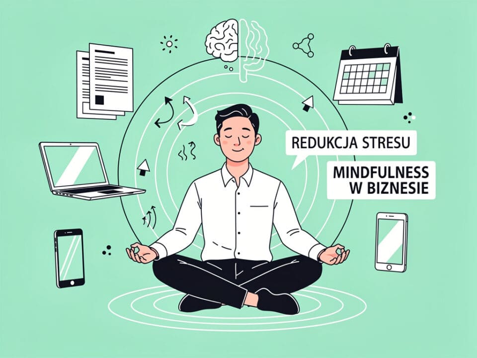 Relaksujący mężczyzna medytujący z technologiami i symbolami mindfulness, redukcja stresu.