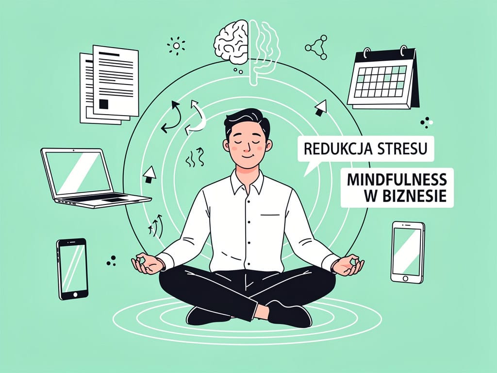 Relaksujący mężczyzna medytujący z technologiami i symbolami mindfulness, redukcja stresu.