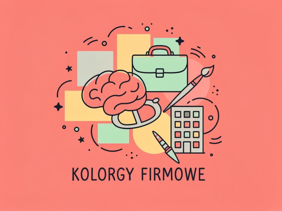 Przedstawienie kolorów firmowych z biurowymi akcesoriami i mózgiem na różowym tle.