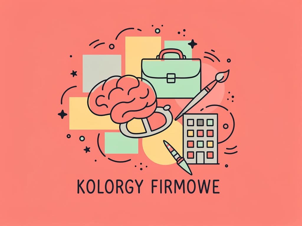 Przedstawienie kolorów firmowych z biurowymi akcesoriami i mózgiem na różowym tle.