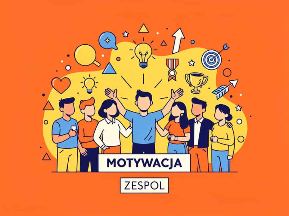 Motywacja zespołu, inspiracja i kreatywność w miejscu pracy, ilustracja zespołu ludzi.