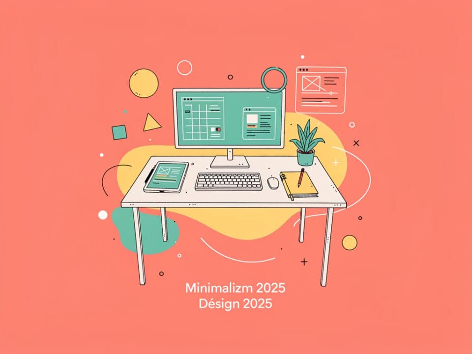 Praca przy komputerze z monitorem, klawiaturą i notatnikiem na biurku, minimalistyczny design.