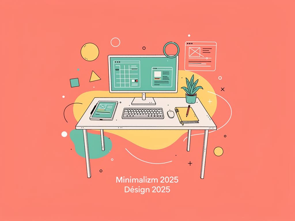 Praca przy komputerze z monitorem, klawiaturą i notatnikiem na biurku, minimalistyczny design.