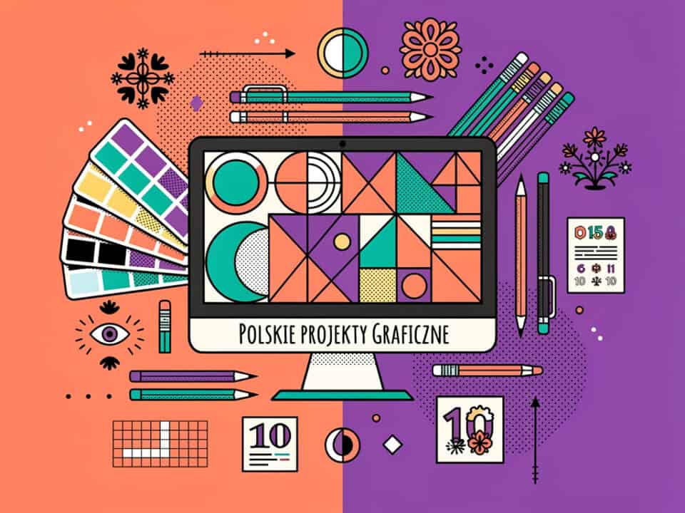 Kolorowe projekty graficzne na komputerze z narzędziami artystycznymi i paletą barw.