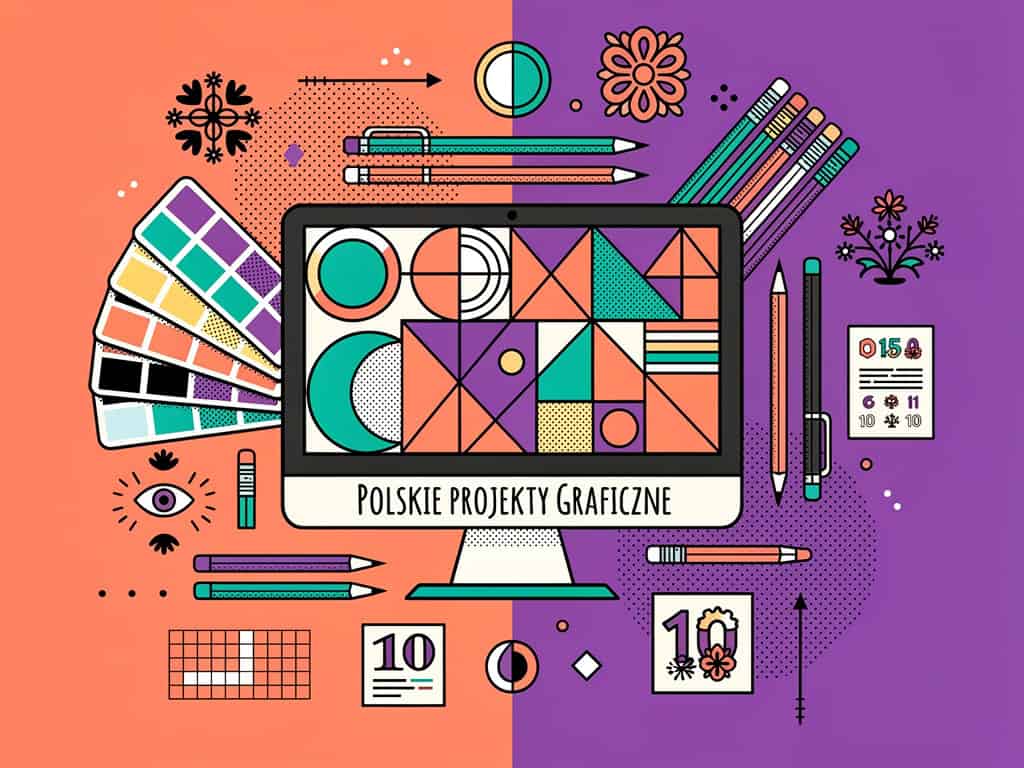 Kolorowe projekty graficzne na komputerze z narzędziami artystycznymi i paletą barw.