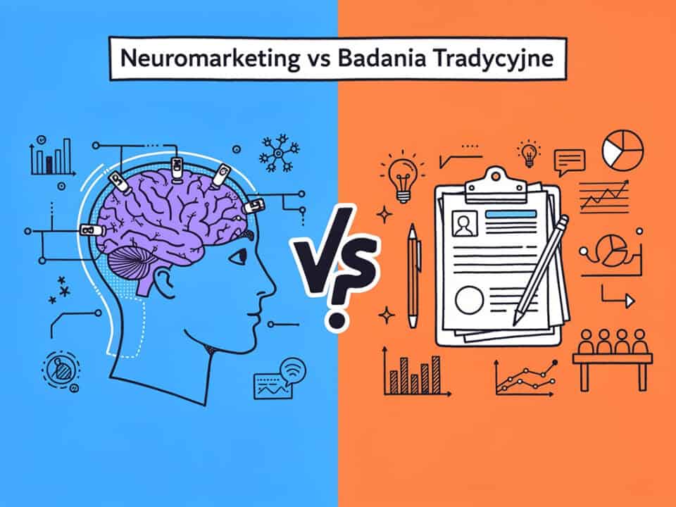 Porównanie neuromarketingu i tradycyjnych badań marketingowych, ilustracja mózgu i raportów.