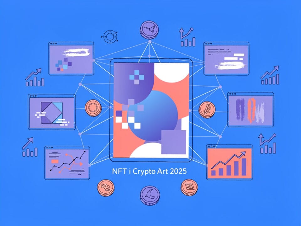 NFT i Crypto Art 2025, nowoczesna grafika cyfrowa z ikonami blockchain i wykresami.