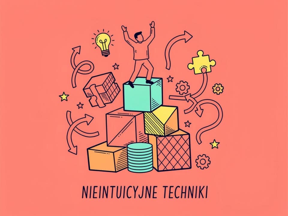 Kreatywne techniki nieintuicyjne z osobą na szczycie kolorowych bloków.