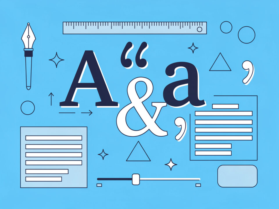 Podstawy typografii dla przedsiębiorców — ilustracja z literami i znakami typograficznymi oraz narzędziami projektanta na niebieskim tle.