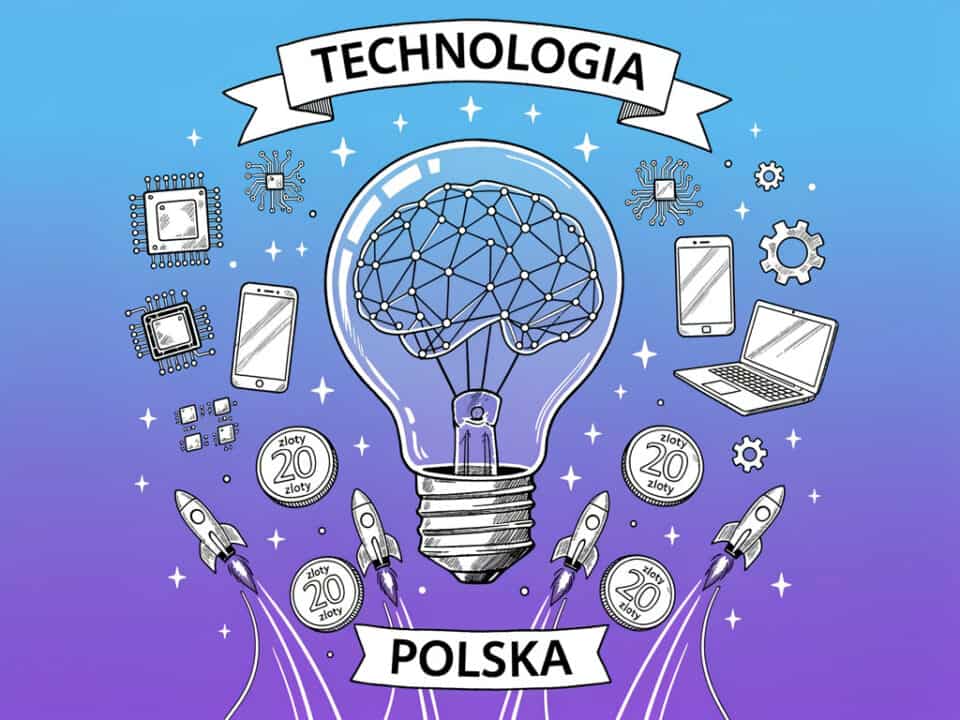 Ilustracja przedstawia technologię i innowacje w Polsce z rakietami i komputerami.