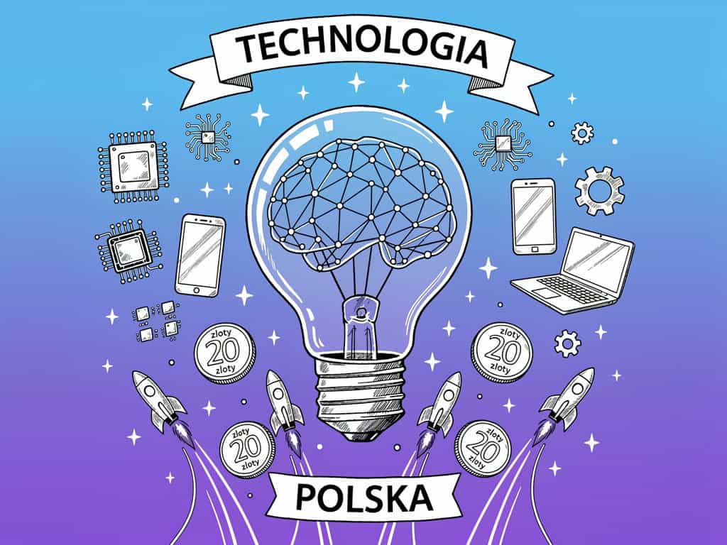 Ilustracja przedstawia technologię i innowacje w Polsce z rakietami i komputerami.