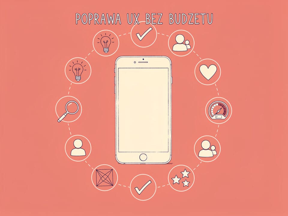 Poprawa UX bez budżetu z ikonami wokół smartfona na różowym tle.