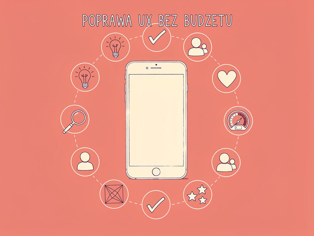 Poprawa UX bez budżetu z ikonami wokół smartfona na różowym tle.