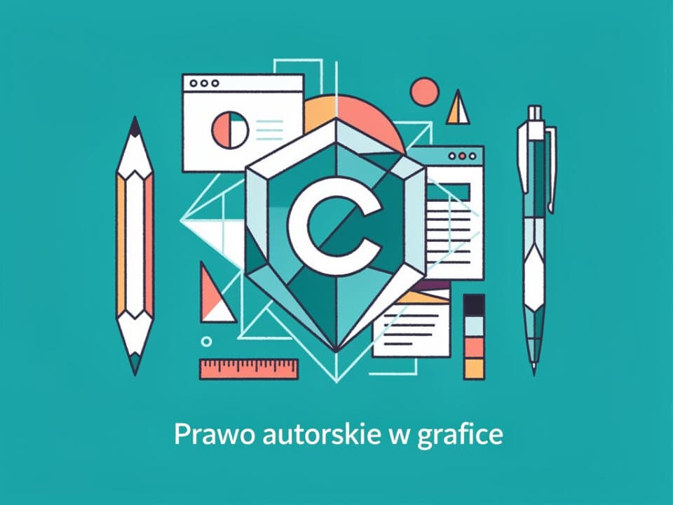 Grafika z symbolem prawa autorskiego i narzędziami graficznymi na tle.