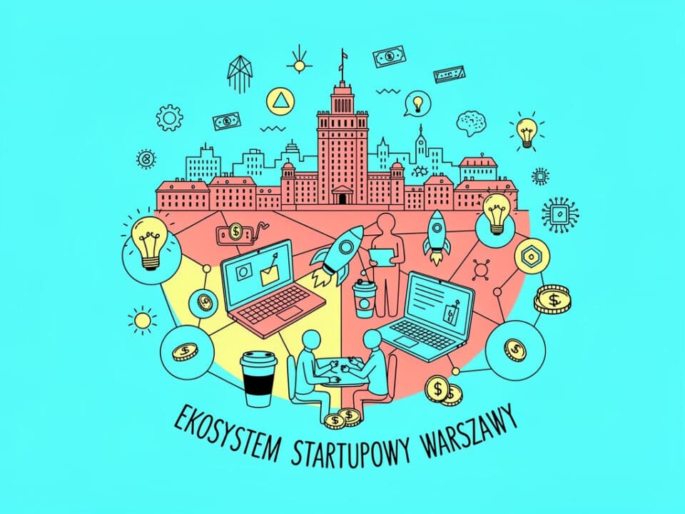 Warszawski ekosystem startupowy z ikonami technologii i innowacji.
