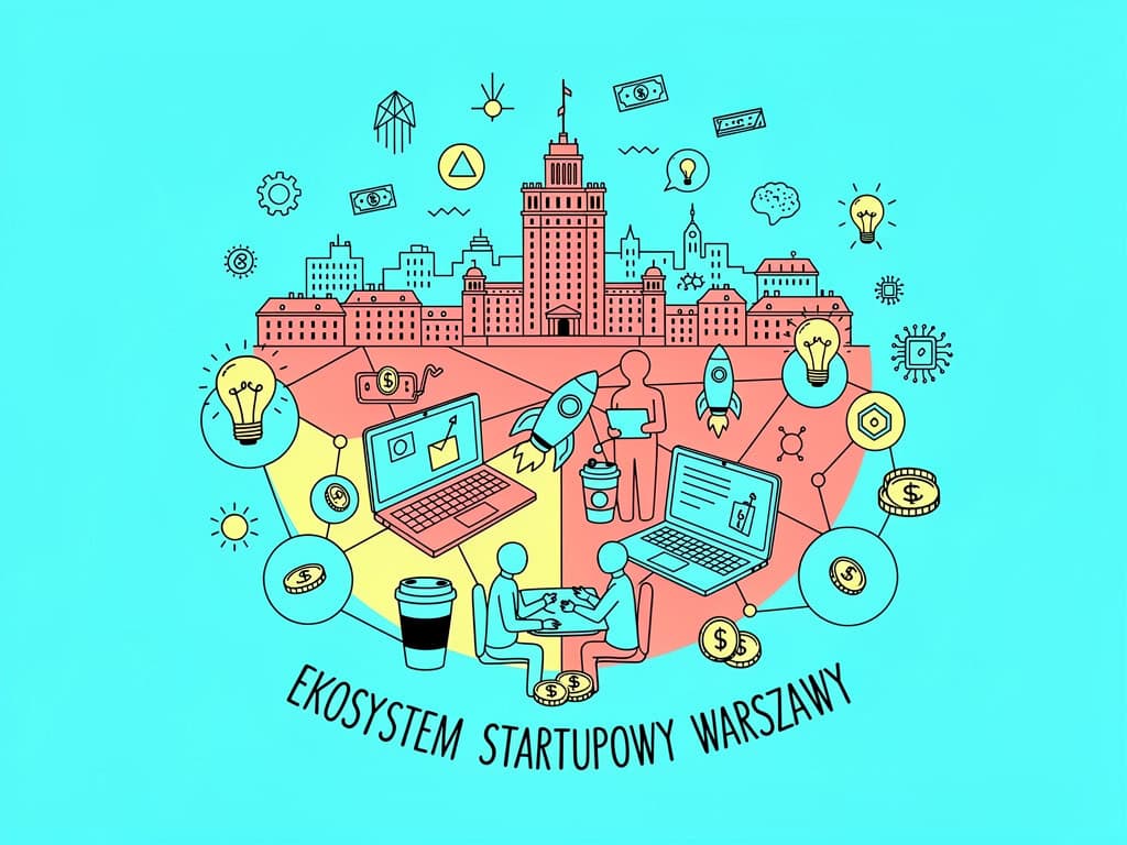 Warszawski ekosystem startupowy z ikonami technologii i innowacji.