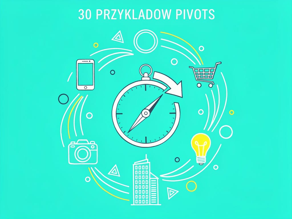 Skrótowy obrazek przedstawiający zegar z różnymi ikonami technologii i biznesu na tle turkusowym.